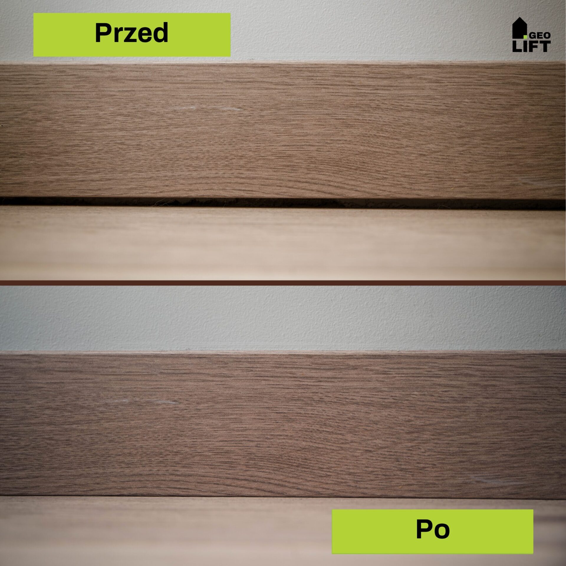 Renowacja podłogi drewnianej przed i po naprawie metodą GEOLIFT